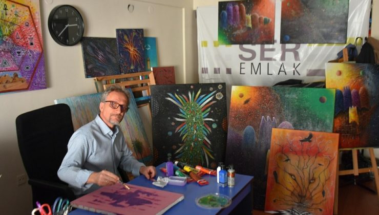 27 yıldır emlakçılık yapan İzmirli emlakçı Topel, resim tutkusunu ofisinde sürdürüyor
