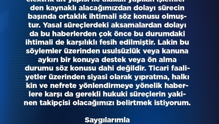 AK Parti Kayseri İl Başkanı Okandan, işletmeyle resmi ortaklığı olmadığını açıkladı