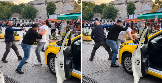 Çemberlitaş’ta taksicilerin yolcu kavgası kamerada: Sokak ortasında yumruklaştılar