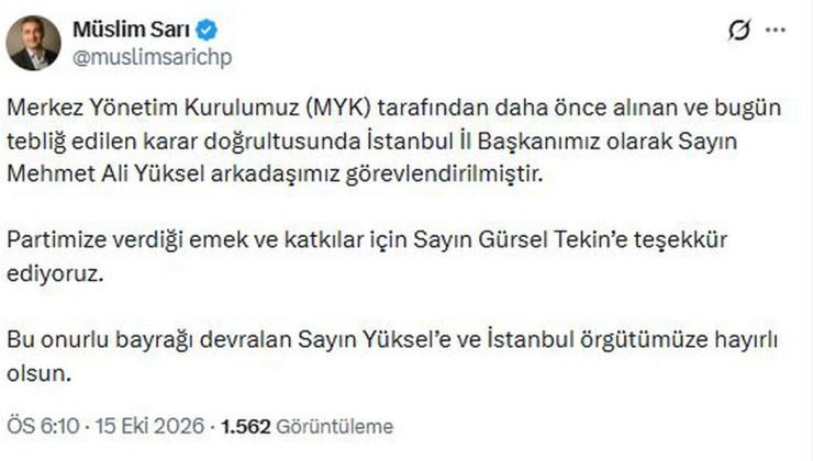 CHP Sözcüsü Sarı, Mehmet Ali Yüksel’in CHP İstanbul İl Başkanı olduğunu açıkladı