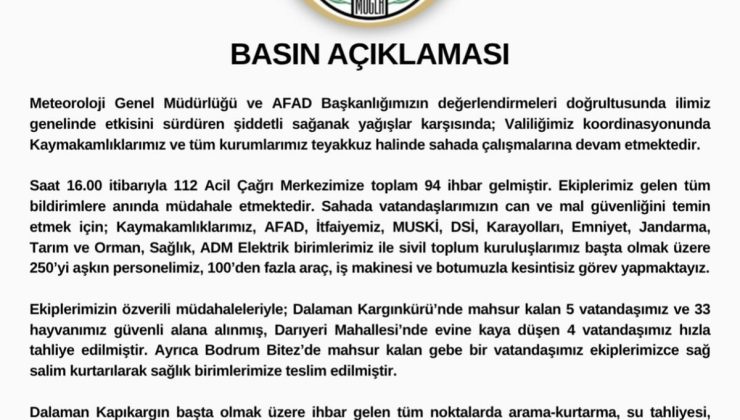 Muğla’da sağanakta 112’ye 94 ihbar geldi, Valilik 250’yi aşkın personelle çalışıyor