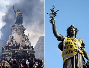Paris’te göstericiler Cumhuriyet Meydanı’ndaki simge heykele sarı yelek giydirdiler