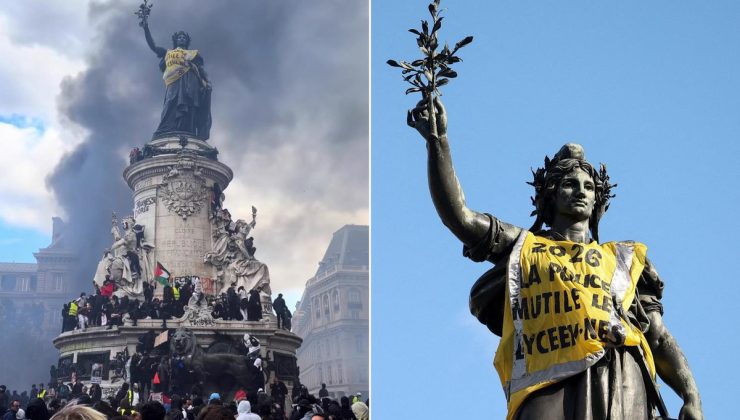 Paris’te göstericiler Cumhuriyet Meydanı’ndaki simge heykele sarı yelek giydirdiler