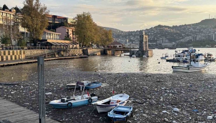 Zonguldak’ta sağanak sonrası derelerden sürüklenen çöpler limanda birikti